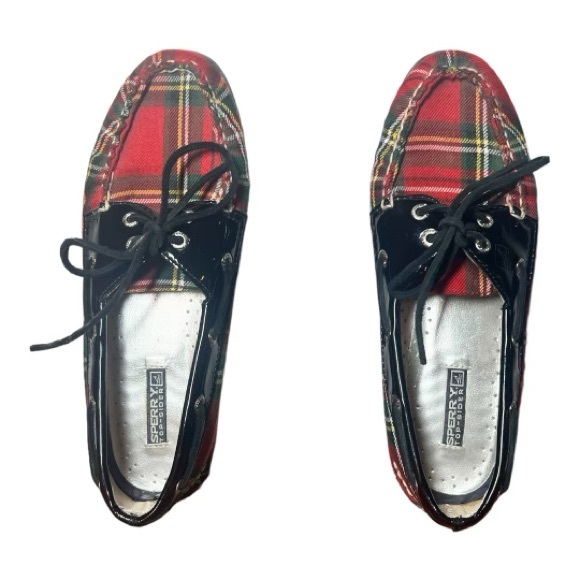Sperry Women's Red Multi Plaid Tartan Boat Shoes Black Patent Leather 7.5M - Picture 7 of 10